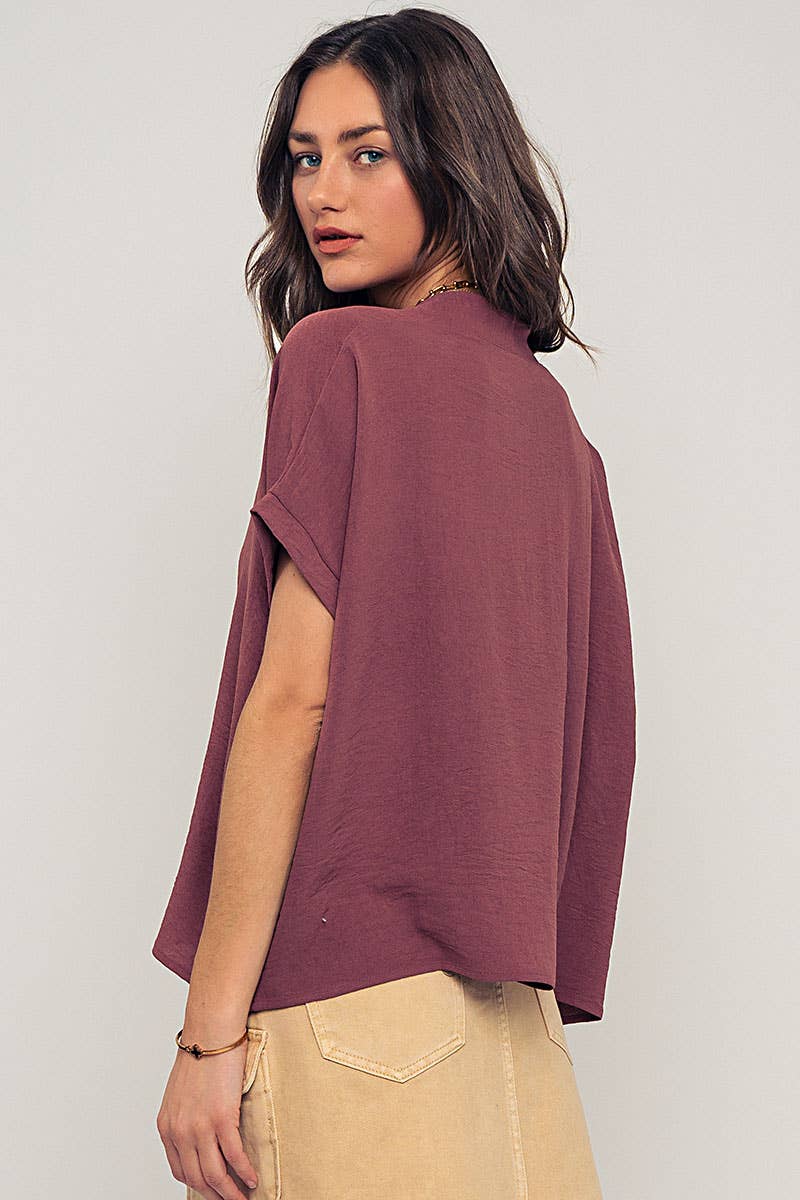 Relaxed V-Neck Top with Folded Sleeves - Mauve