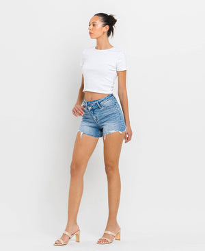 HIGH RISE DISTRESSED CRISS CROSS SHORTS BLUE DENIM / M