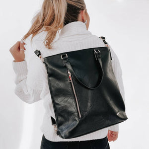 Upper East Side Vegan Leather Backpack & Crossbody Tote Bag: Black