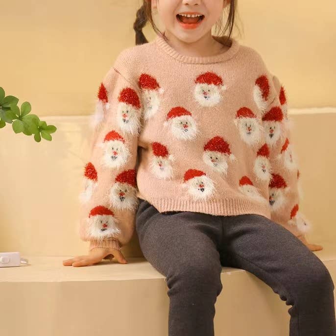 Girls' Pink Christmas Santa Print Pullover Sweater - Mommy and Me Christmas Sweater