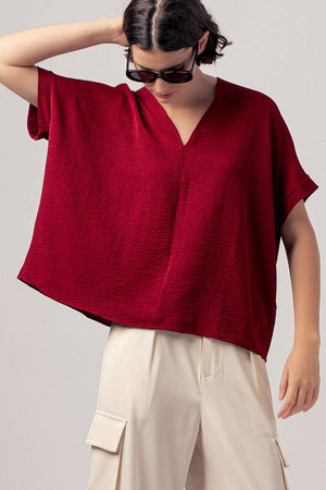 Relaxed V-Neck Top with Folded Sleeves - Mauve