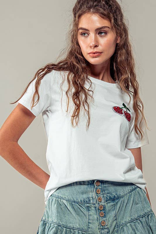 Romantic Glitter Cherry Embroidered Casual Graphic Tee