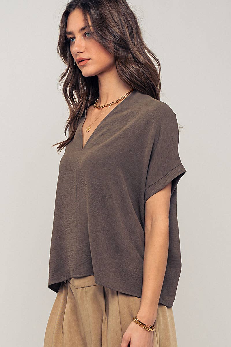 Relaxed V-Neck Top with Folded Sleeves - Mauve