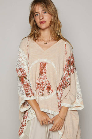 POL- V-neck floral print multi color peace patch top