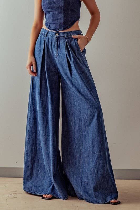 WIDE LEG PLEATED DENIM JEANS: DENIM / S-2/M-2/L-2 – Green Bubble