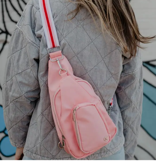 Light Pink Solid Sling Bag w/ Striped Strap