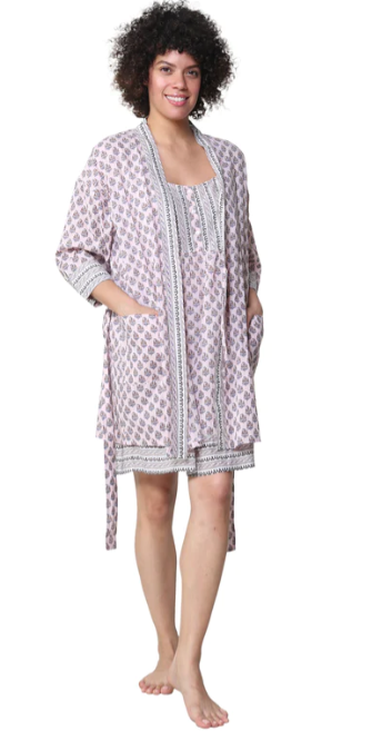 Pink Paisley Block Print Cotton Kimono Wrap