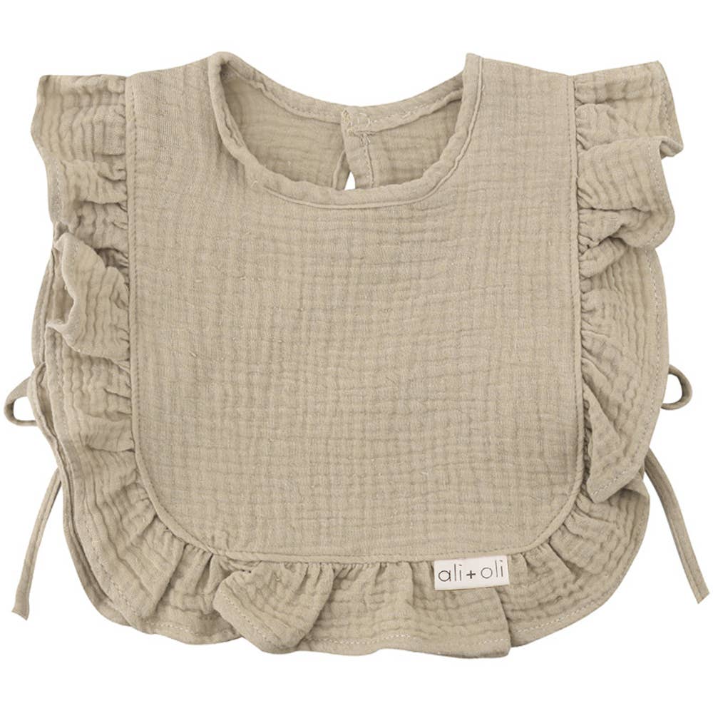 Muslin Ruffled Bibs Muslin Cotton Ruffle Baby Bib (Taupe) – Green Bubble Gorgeous