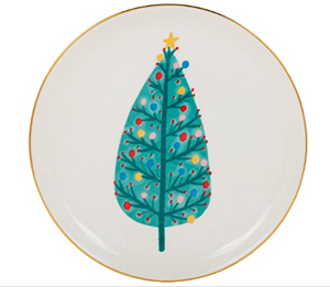 Mary Square Decorated Teal Christmas Tree 6 Inch Ceramic Appetizer Serving Plate